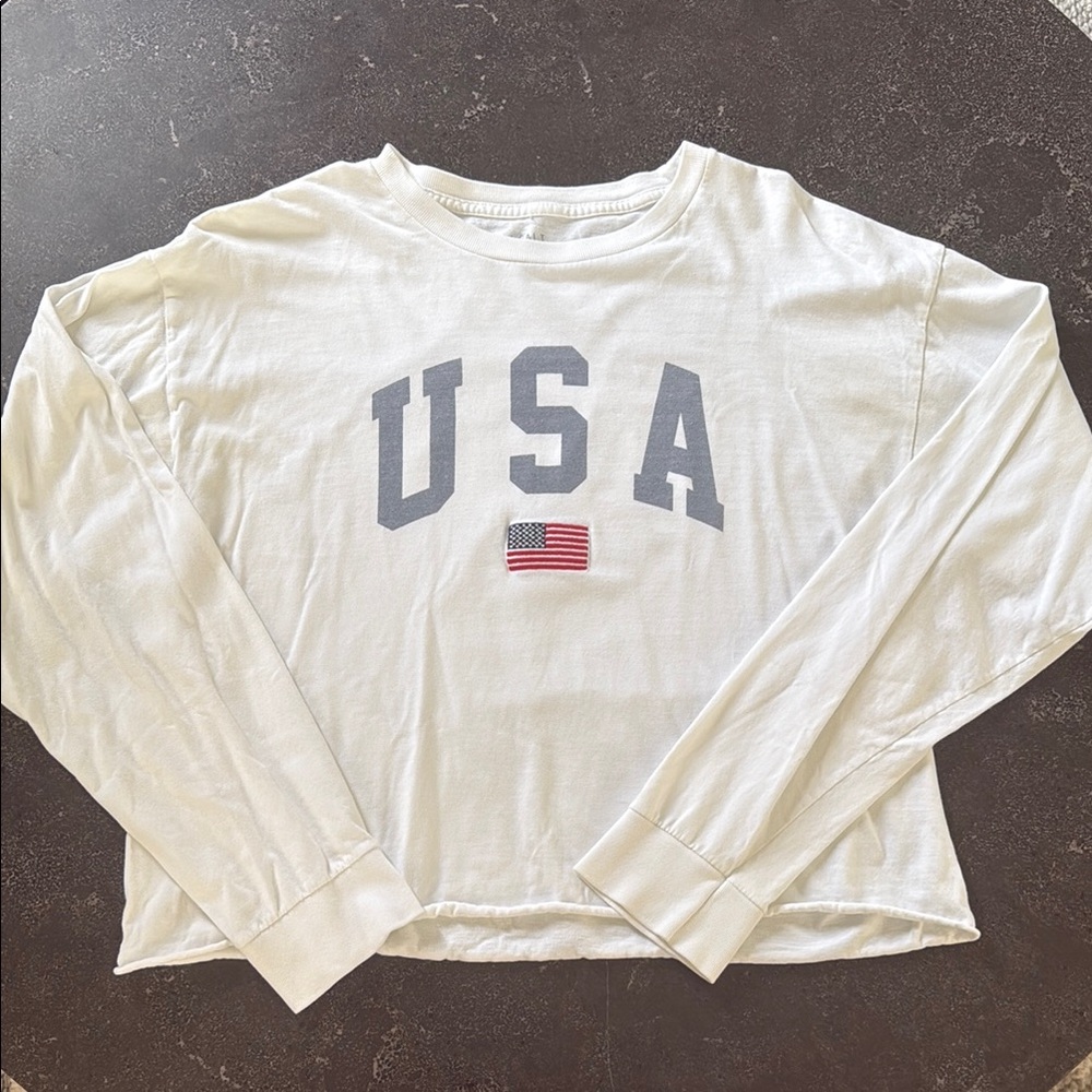Brandy Melville Cream USA Flag Long Sleeve Tee